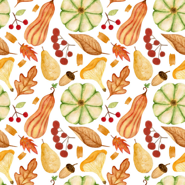无缝水彩图案与彩色南瓜，浆果，橡子，梨和叶子在白色的背景。图片下载