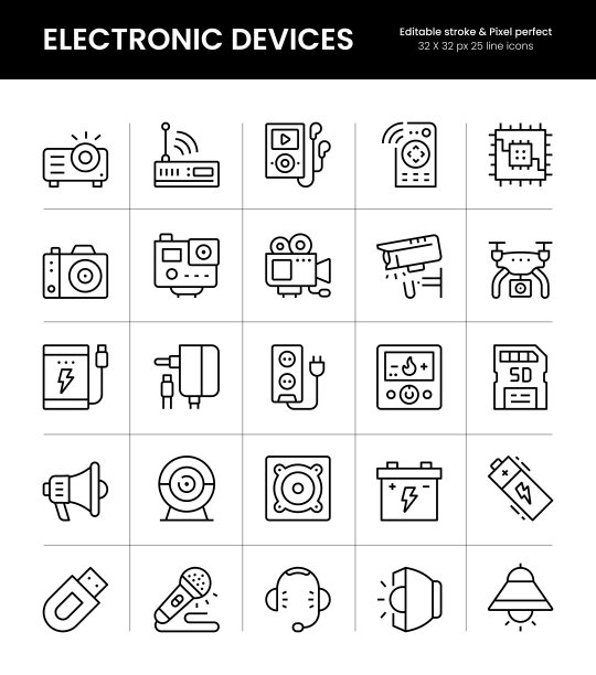 电子设备可编辑的描边线图标图片下载