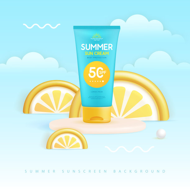 夏季背景与3d讲台和防晒管切片柠檬或橙子。五彩缤纷的夏日景象。矢量图图片下载