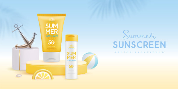 夏季背景与3d讲台和一套防晒霜与柠檬片或橙子。五彩缤纷的夏日景象。矢量图图片下载