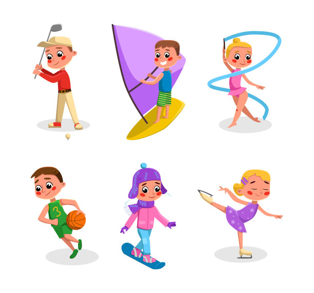 快乐的孩子玩运动和做身体活动向量集图片下载