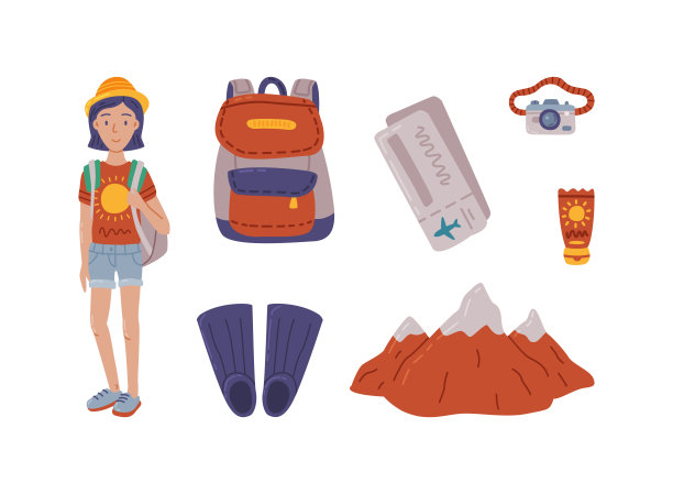 旅行和度假与女人和符号为旅游和假日冒险向量集图片下载