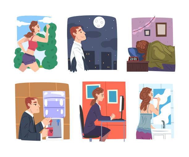 男人和女人办公室员工日例行场景矢量集图片下载