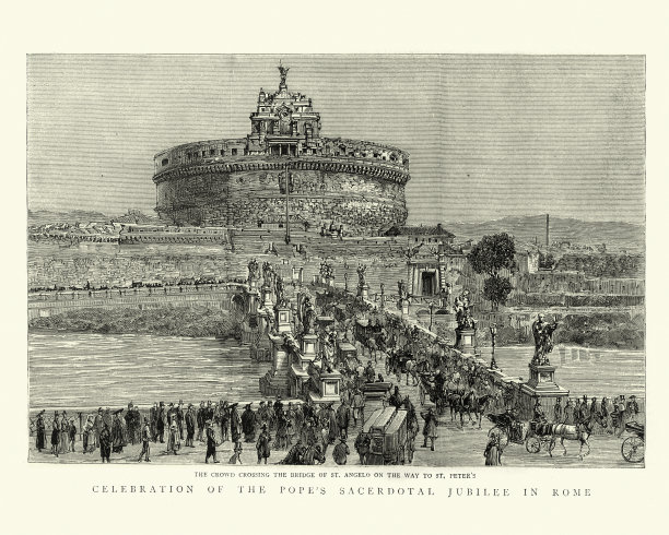人群穿过圣安杰洛桥前往圣彼得的经典插图。19世纪的罗马图片下载