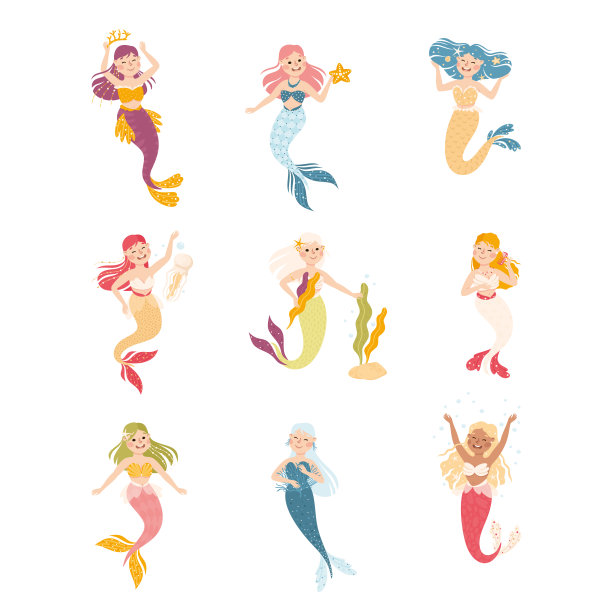 美人鱼与波浪的头发浮动水下矢量集图片下载