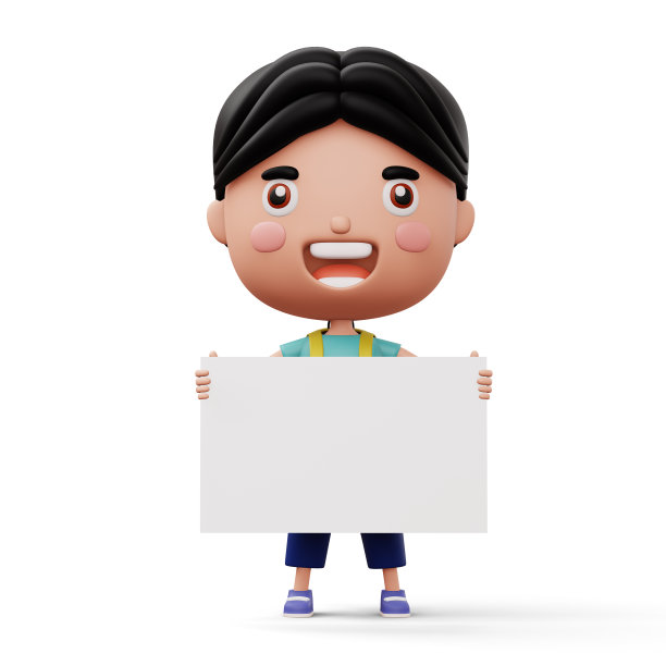 Happy child with bag holding blank board，可爱男孩卡通人物，3d渲染图片下载