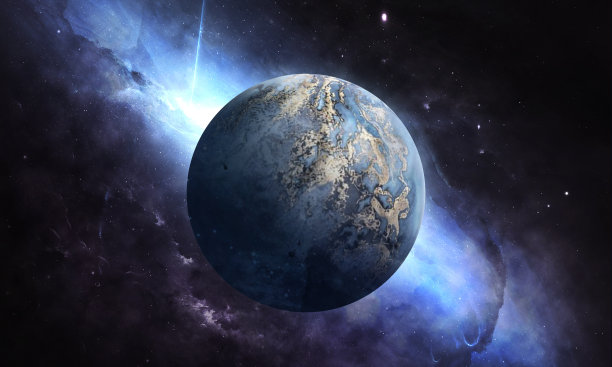 明亮的蓝色光芒的恒星在空间和行星，抽象空间三维插图图片下载