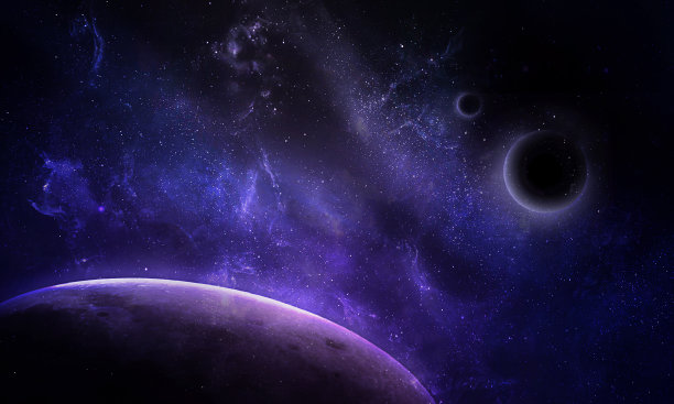 美丽的蓝紫色星球在蓝紫色的空间和恒星的背景下，抽象的空间3d插图，背景图片下载
