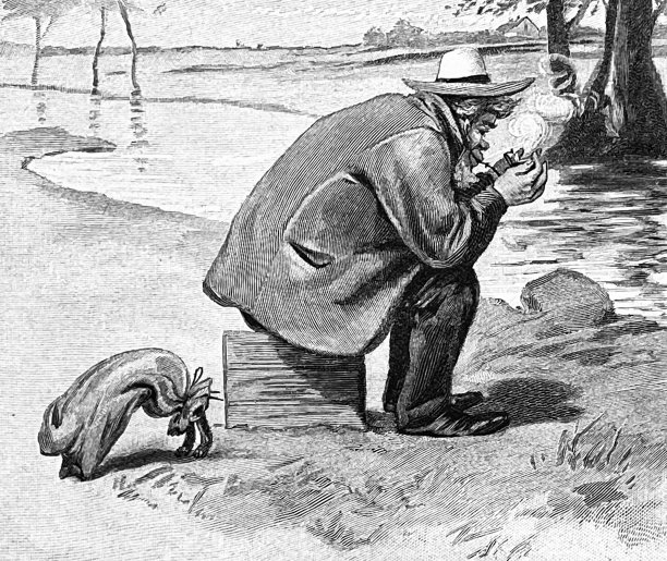 一个人抽着烟斗，一只被抓住的兔子带着袋子开始逃跑图片下载