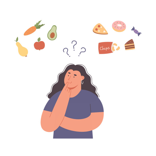 女孩性格在健康和不健康的食物之间选择。比较快餐和均衡菜单。健康饮食的概念。矢量插图。图片下载