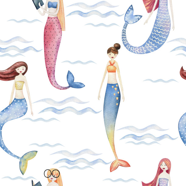 水彩无缝图案与美人鱼。图片下载