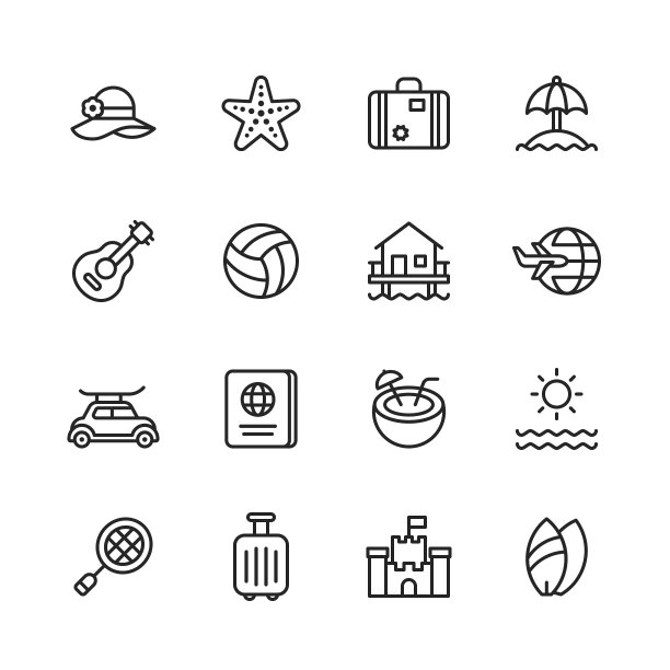度假和旅游线路图标。可编辑的中风。像素完美。移动和网络。包含如帽子，行李，岛，海，伞，吉他，排球，旅行，飞机，冲浪，护照，太阳，沙城堡，海滩，热带，夏威夷，露营。图片下载