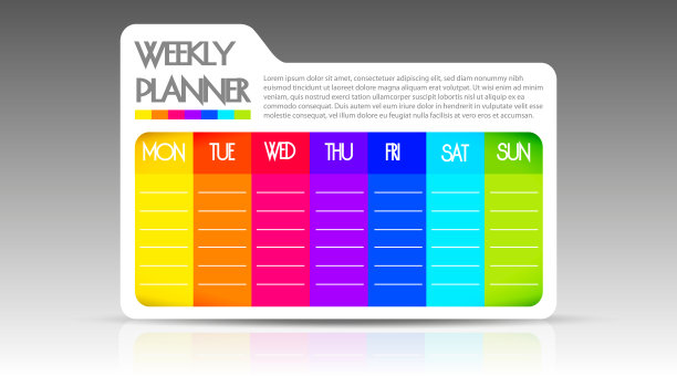 周报，日记，现代风格的计划理念。每周待办事项列表，以文件夹的形式在中性灰色背景上为文本留出空间。图片下载