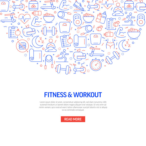 健身和锻炼相关的旗帜设计与模式。现代线条风格图标矢量插图图片下载