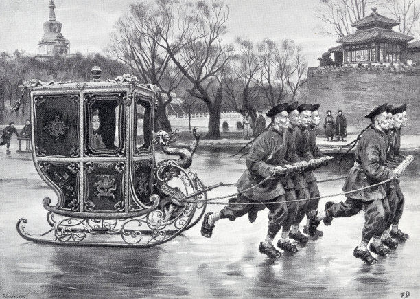 中国皇帝在北京皇宫的湖上的雪橇图片下载