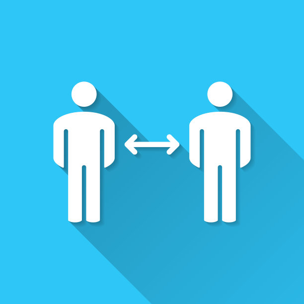 社会距离。图标在蓝色背景-平面设计与长阴影图片下载