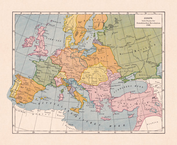 1789年欧洲地图(法国大革命)，彩色印刷版，1900年出版图片下载