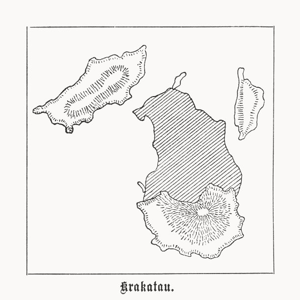 喀拉喀托群岛1883年爆发后，木刻版画，1899年出版图片下载