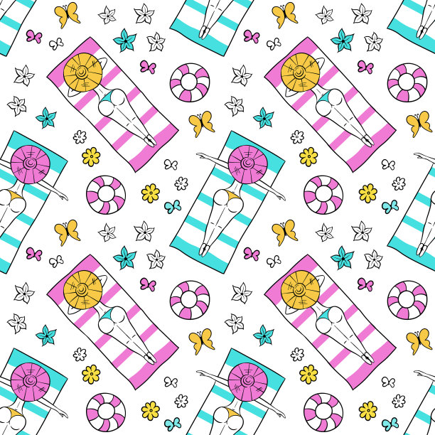 沙滩上的女孩。避暑胜地。无缝模式。向量。图片下载