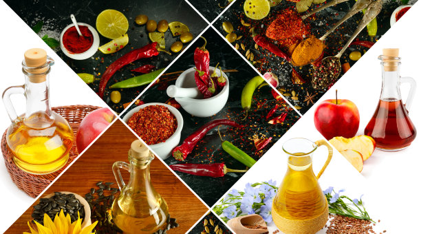 一套香料、植物油和调味料。拼贴画。图片下载