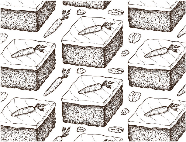 在白色背景上孤立的胡萝卜蛋糕素描图案。手绘烘焙甜点，胡萝卜壁纸。图片下载