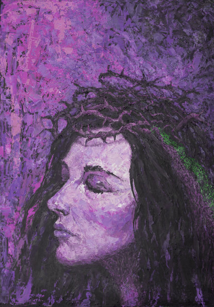 插图油画乌克兰的象征肖像的女人在荆棘花环上的紫色背景的战争爆炸图片下载