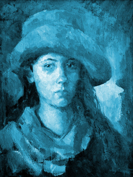 插画油画肖像一个年轻的女人长头发在帽子和羊毛围巾在蓝色的颜色图片下载