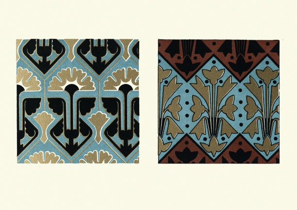 维多利亚时期花卉设计中的建议，19世纪。绿松石色、金色、黑色图片下载