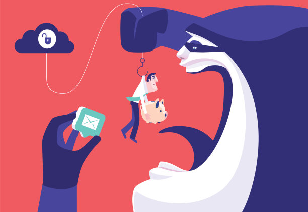 骗子持有电子邮件图标和抓住商人与小猪银行图片下载