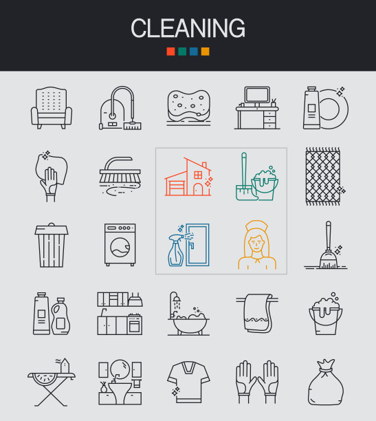 清洁线图标可编辑描边。采购产品清洁剂，桶，擦拭，清洁用品，洗涤，橡胶手套图片下载