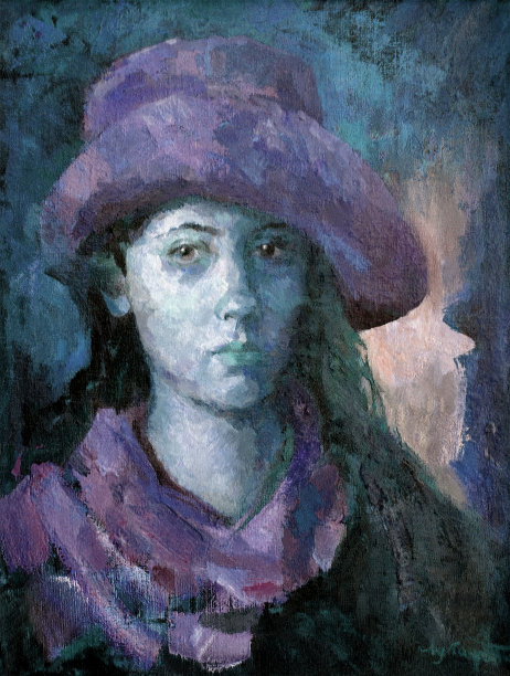 插图油画肖像的一个年轻女人长黑发在帽子和羊毛围巾在一个抽象的晚上背景图片下载