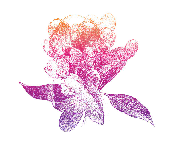 年轻女子和苹果花的多重曝光图片下载