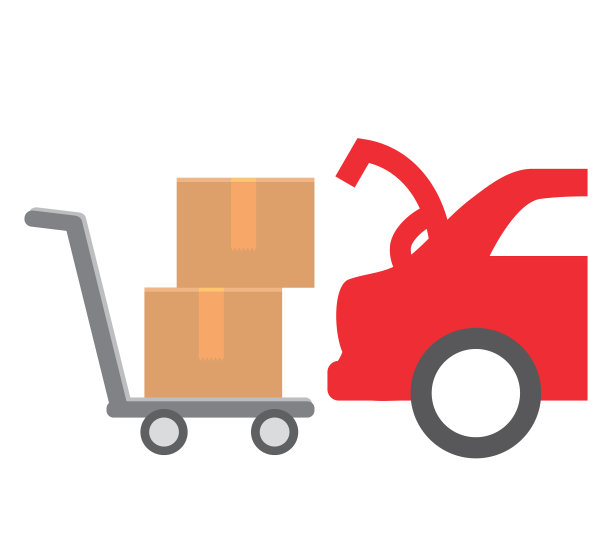 打开后备箱的汽车与购物车携带箱子路边拾取的概念图片下载