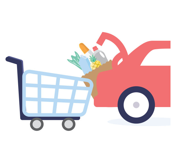 打开后备箱的汽车与杂货在后备箱旁边的购物车路边拾取概念图片下载