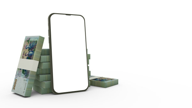 手机的3D渲染，空白屏幕和成堆的阿尔及利亚第纳尔钞票背后孤立的白色背景。图片下载