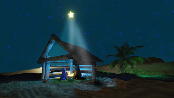 婴儿耶稣与马利亚和约瑟在伯利恒的马槽里。图片下载