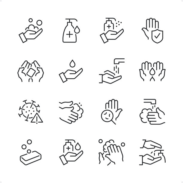 洗手和卫生-像素完美线图标集，可编辑笔画重量。图片下载