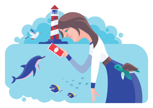 靠在灯塔上看智能手机的女人图片下载