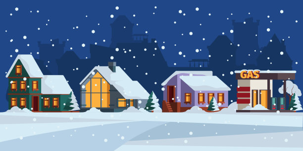 冬天的风景。小屋雪立面圣诞景观矢量彩色背景图片下载