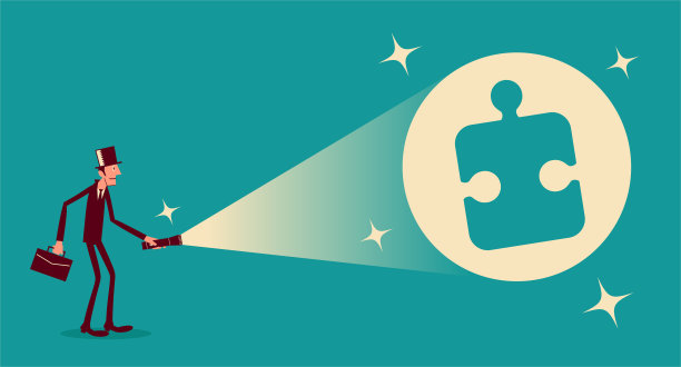 年轻的商人点亮手电筒，发现了一块重要的拼图图片下载