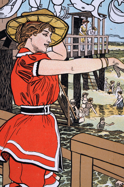 年轻的维多利亚女子在泳衣，人们在海里游泳，海边接种，德国，青年派新艺术图片下载