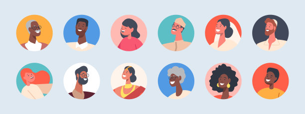 一组不同的人头像，圆形图标。男性和女性角色非洲，印度，犹太人，穆斯林或高加索人图片下载
