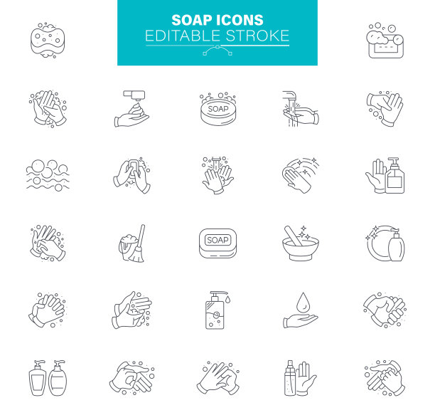 香皂图标可编辑Stroke。这套套装包括洗手、清洁、皮肤护理、卫生等图标图片下载