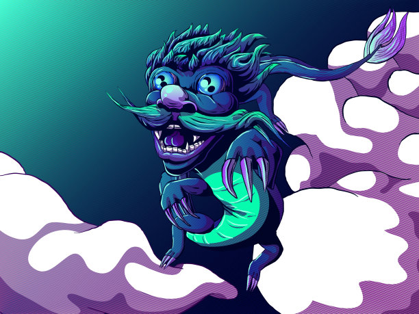 手绘卡通插图-中国龙在天空。图片下载