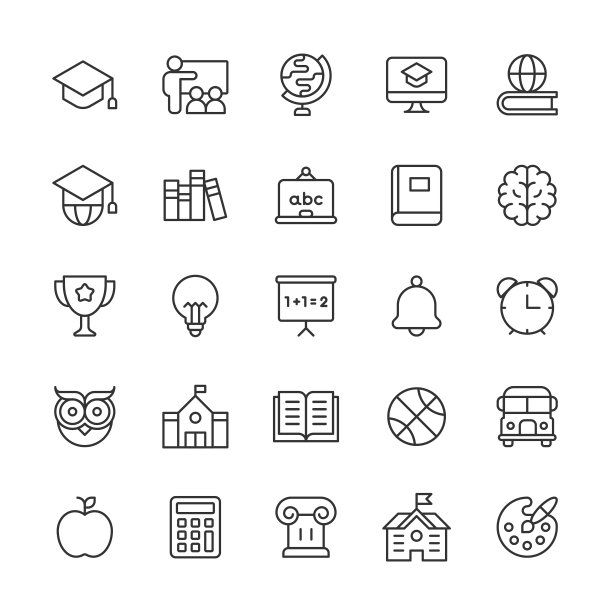 教育行图标。可编辑的中风。像素完美。移动和网络。包含像艺术，天文学，生物学，书，大脑，教室，文凭，电子学习，在家上学，讲座，数学，笔记本，编程，体育，学生，大学等图标。图片下载