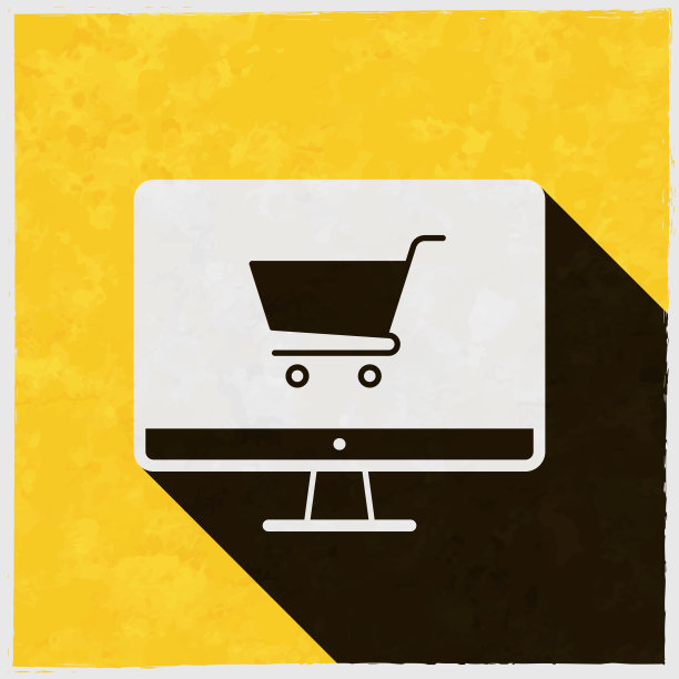 用台式电脑网上购物。图标与长阴影的纹理黄色背景图片下载