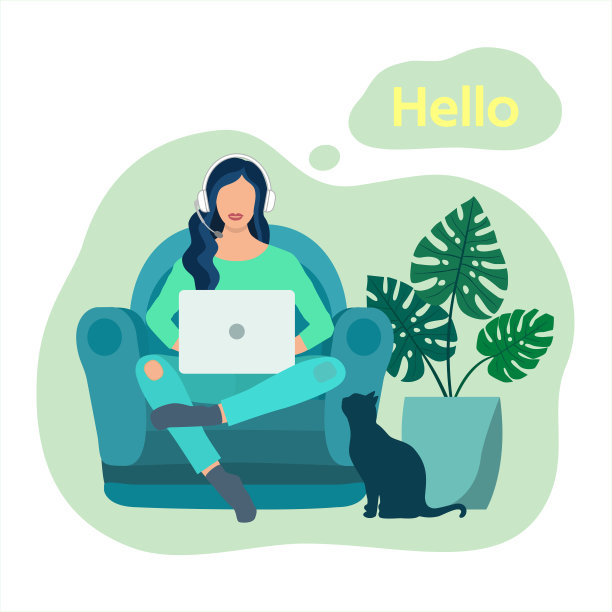 一个戴着耳机的年轻女子正在学习英语。笔记本电脑上的英语远程视频在线学习。矢量平面样式插图。网络语言学校。图片下载