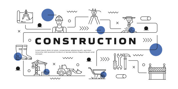 构造矢量信息图。设计是可编辑的，颜色可以改变。创意图标矢量集:建筑，蓝图，水泥搅拌机，手提钻，起重机建筑图片下载