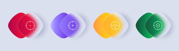 各种景象设置图标。武器，光学，变焦，尖端，战争，射击，目标受众，平，受害者，定向广告。广告的概念。Glassmorphism风格。矢量线图标广告图片下载