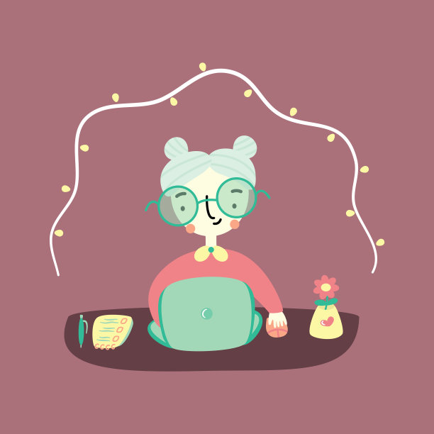 可爱的卡通奶奶和笔记本电脑图片下载